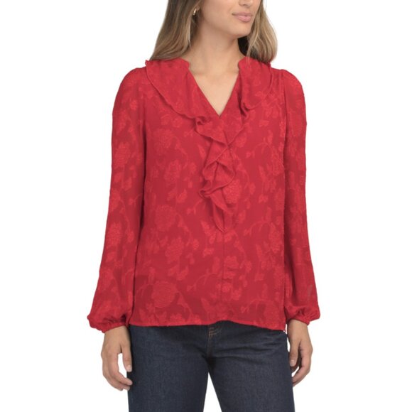 TAMARA H IVORY Red Solid Savanna Clip Floral Top - Picture 1 of 2